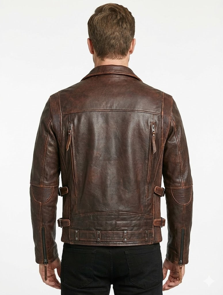 Men’s Black Biker Brando Motorcycle Real Leather Jacket Style - 1032 — back view | Majestic Leather UK