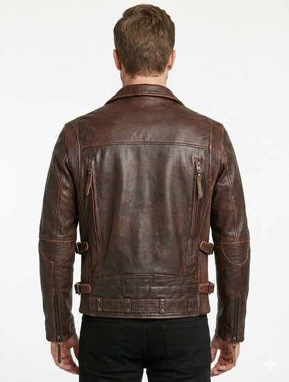 Men’s Black Biker Brando Motorcycle Real Leather Jacket Style - 1032 — back view | Majestic Leather UK