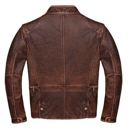 Men's Cafe Racer Vintage Distressed Reddish Brown Leather Jacket | Majestic Leather — back view | Majestic Leather UK