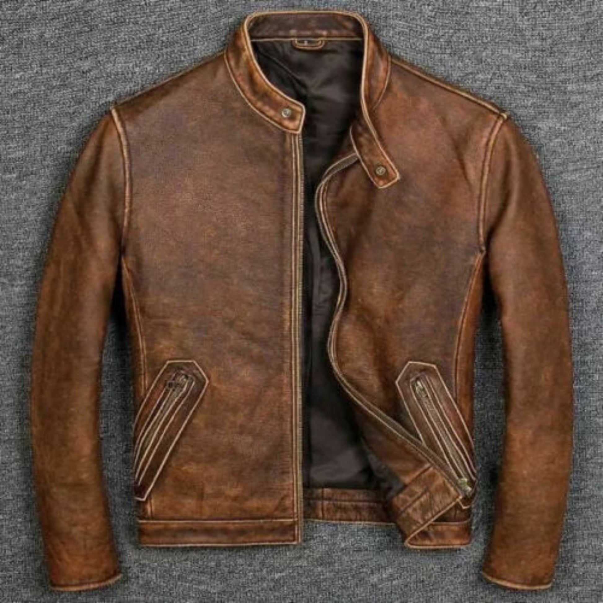 Men's Cafe Racer Distressed Brown Leather Jacket | Majestic Leather — side profile | Majestic Leather UK