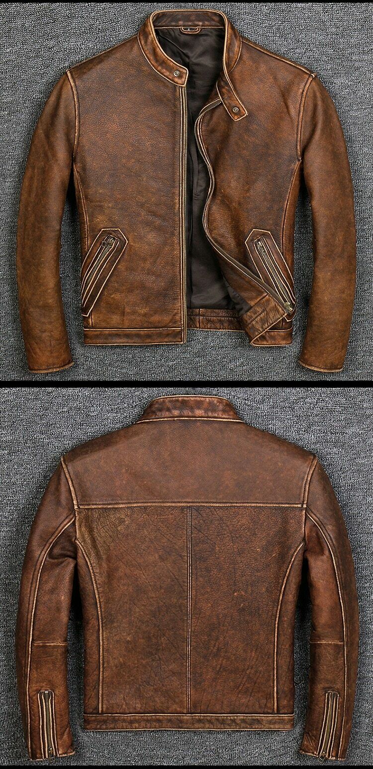 Men's Cafe Racer Distressed Brown Leather Jacket | Majestic Leather — back view | Majestic Leather UK
