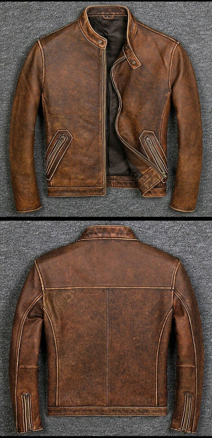 Men's Cafe Racer Distressed Brown Leather Jacket | Majestic Leather — back view | Majestic Leather UK