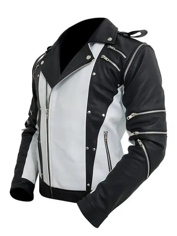 Men's Michael Jackson Biker Leather Jacket Black — collar detail | Majestic Leather UK