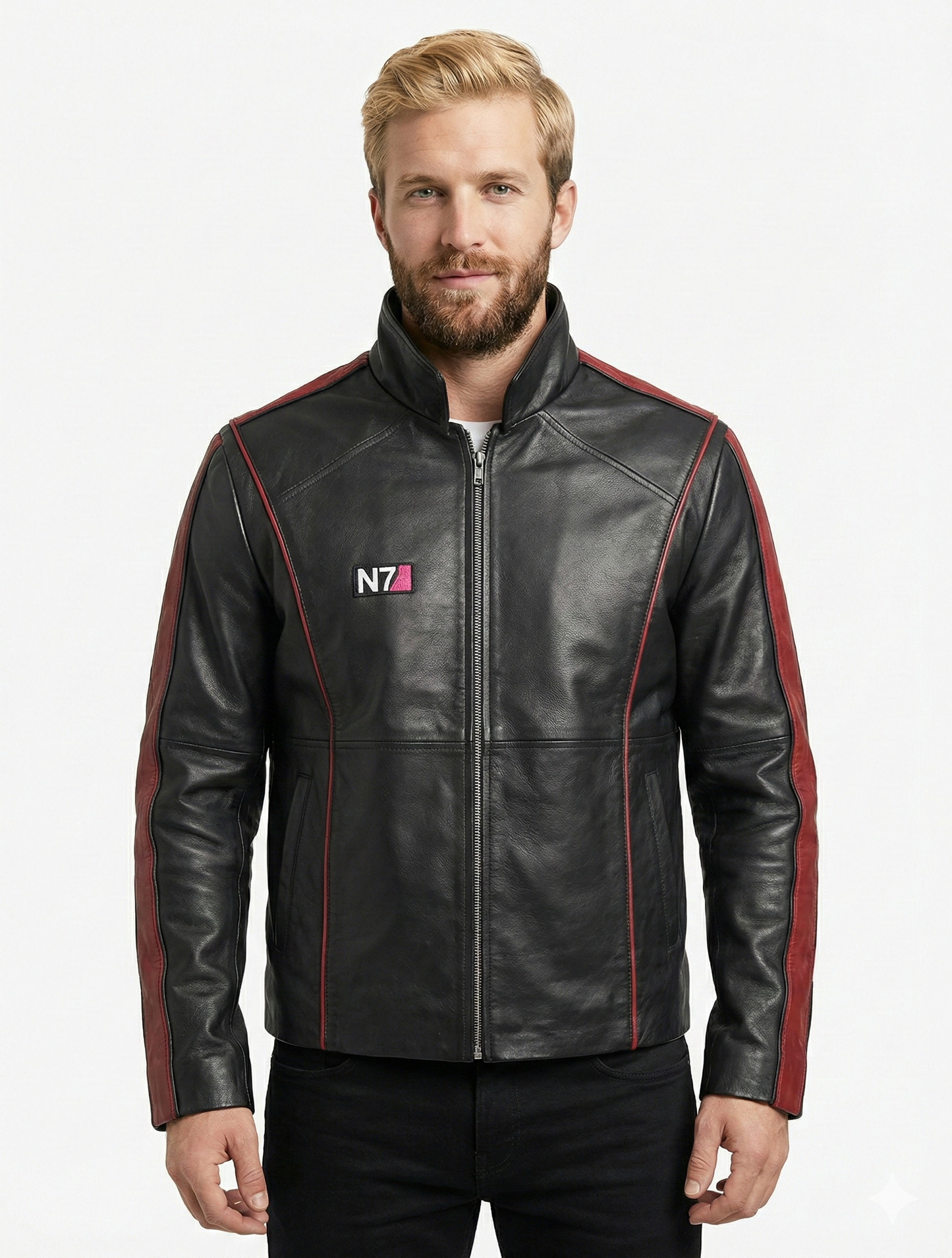 Men's N7 Commander Shepard Black Leather Jacket Style-145 | Majestic Leather — front view | Majestic Leather UK