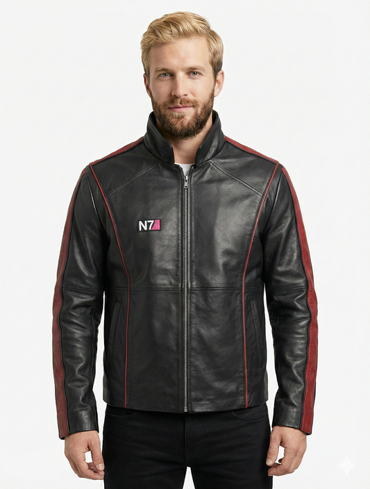 Men's N7 Commander Shepard Black Leather Jacket Style-145 | Majestic Leather — front view | Majestic Leather UK