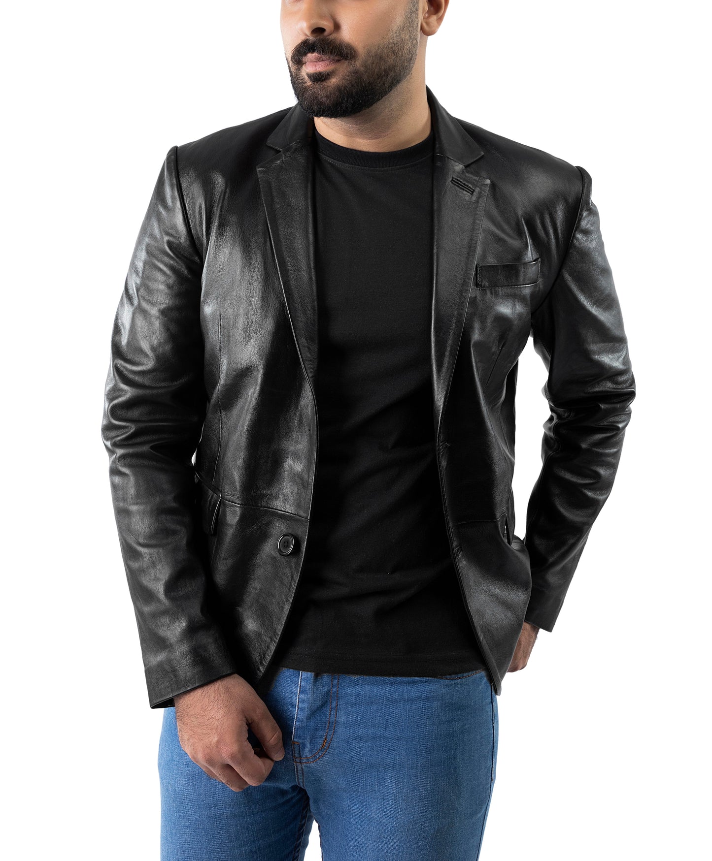 BLAZER TWO BUTTON COAT REAL LEATHER | Majestic Leather — front view | Majestic Leather UK