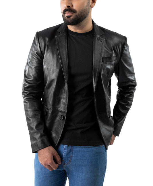 BLAZER TWO BUTTON COAT REAL LEATHER | Majestic Leather — front view | Majestic Leather UK