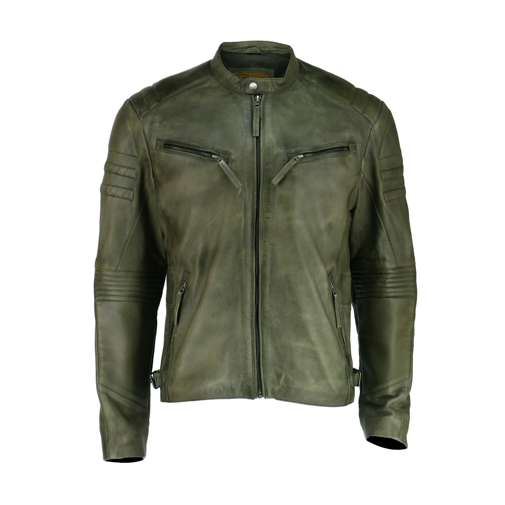 Olive Vintage Cafe Racer Leather Jacket | Majestic Leather — front view | Majestic Leather UK