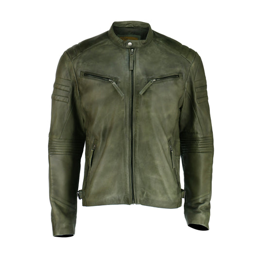 Olive Vintage Cafe Racer Leather Jacket | Majestic Leather — front view | Majestic Leather UK