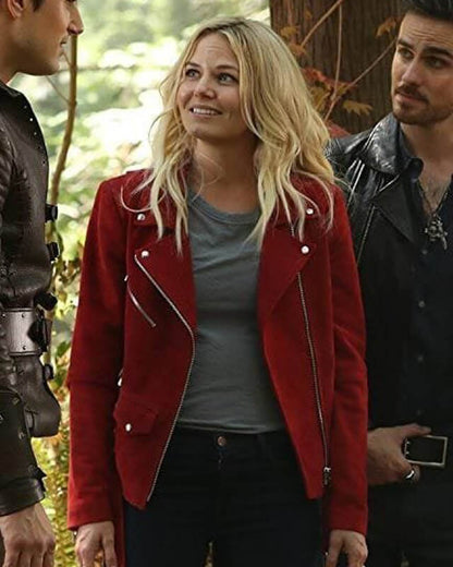 Once Upon a Time Emma Swan Celebrity Red Biker Jacket — back view | Majestic Leather UK