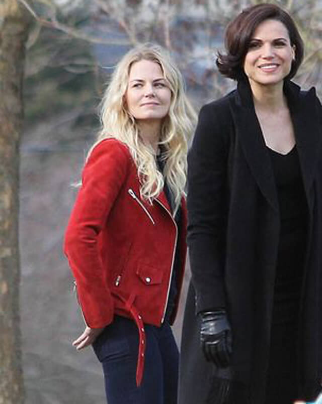 Women Biker - Once Upon a Time Emma Swan Red Biker Jacket — collar detail | Majestic Leather UK