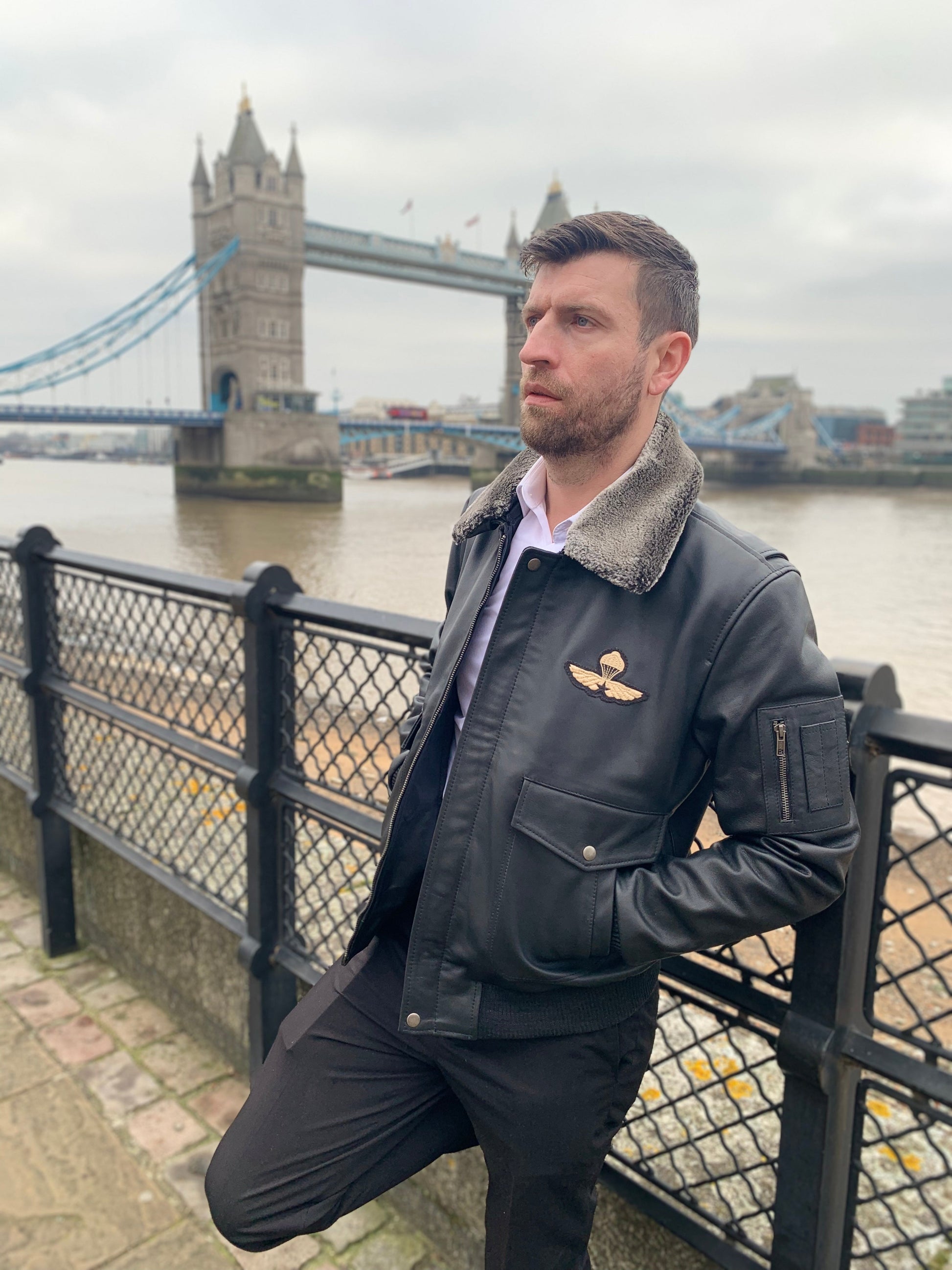 Aviator Bomber Fur Collar Leather Jacket | Majestic Leather — side profile | Majestic Leather UK
