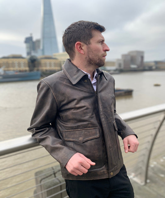 Indiana Jones Distressed Brown Cow Hide Leather Jacket | Majestic Leather — front view | Majestic Leather UK