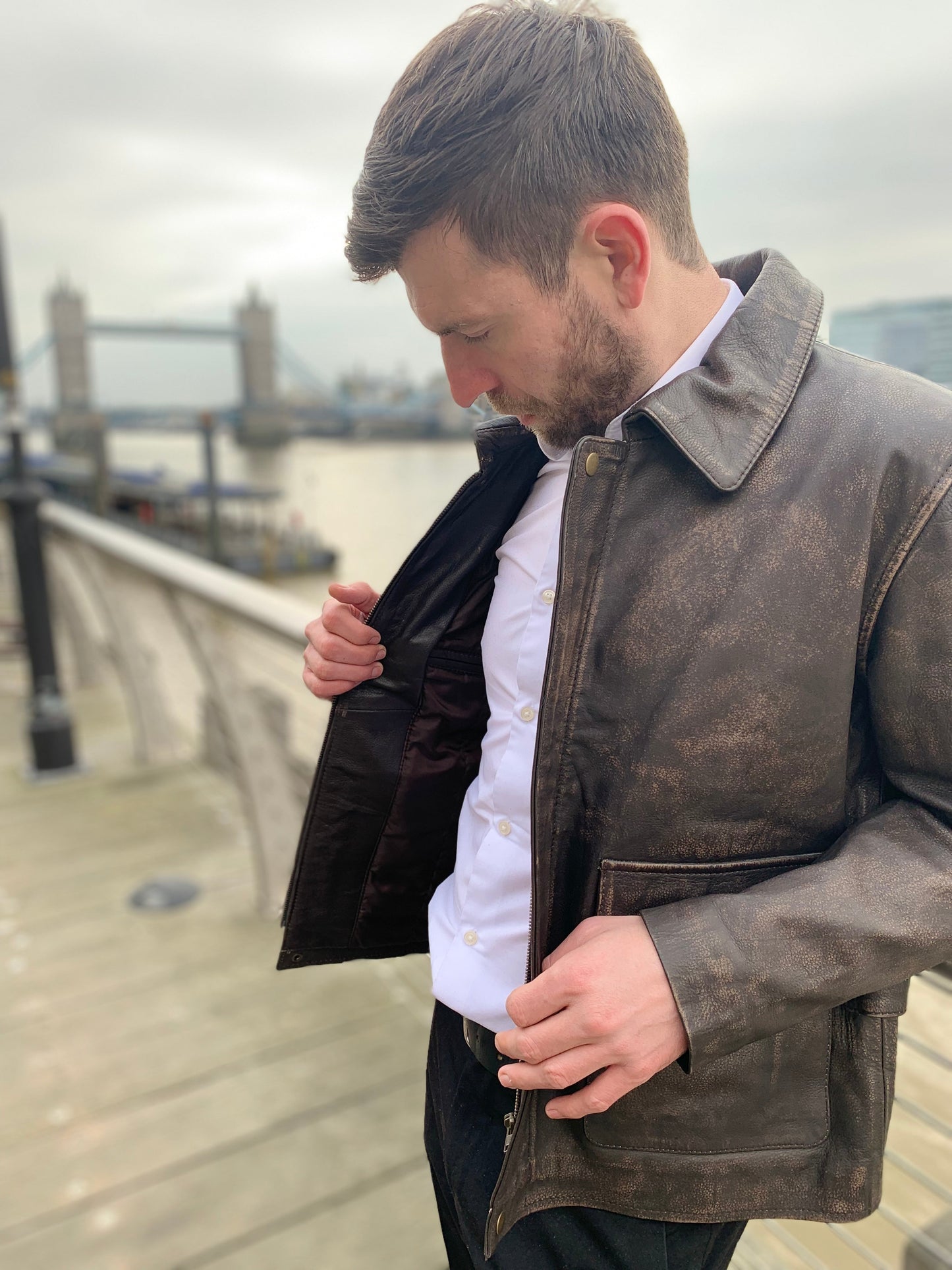 Indiana Jones Distressed Brown Cow Hide Leather Jacket | Majestic Leather — back view | Majestic Leather UK