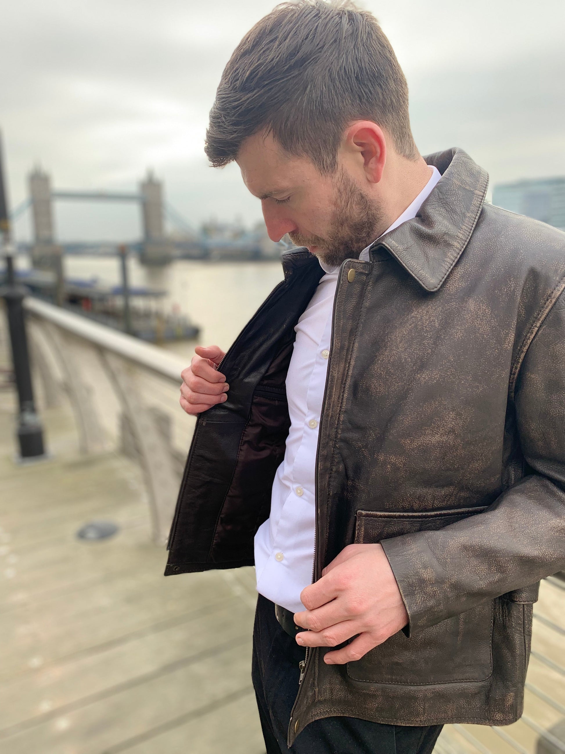 Indiana Jones Distressed Brown Cow Hide Leather Jacket | Majestic Leather — back view | Majestic Leather UK