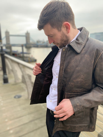 Indiana Jones Distressed Brown Cow Hide Leather Jacket | Majestic Leather — back view | Majestic Leather UK