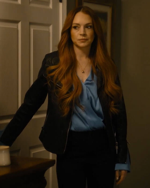 Women Biker - Lindsay Lohan Our Little Secret Biker Leather Jacket — collar detail | Majestic Leather UK