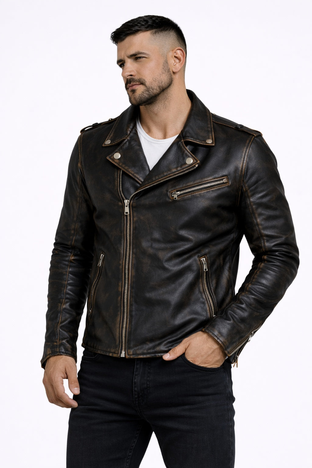 Men's PD-1  New Milano Vintage Biker Black Racer faded Golden Seams Leather Jacket Majestic Leather