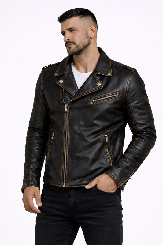 Men's PD-1  New Milano Vintage Biker Black Racer faded Golden Seams Leather Jacket Majestic Leather