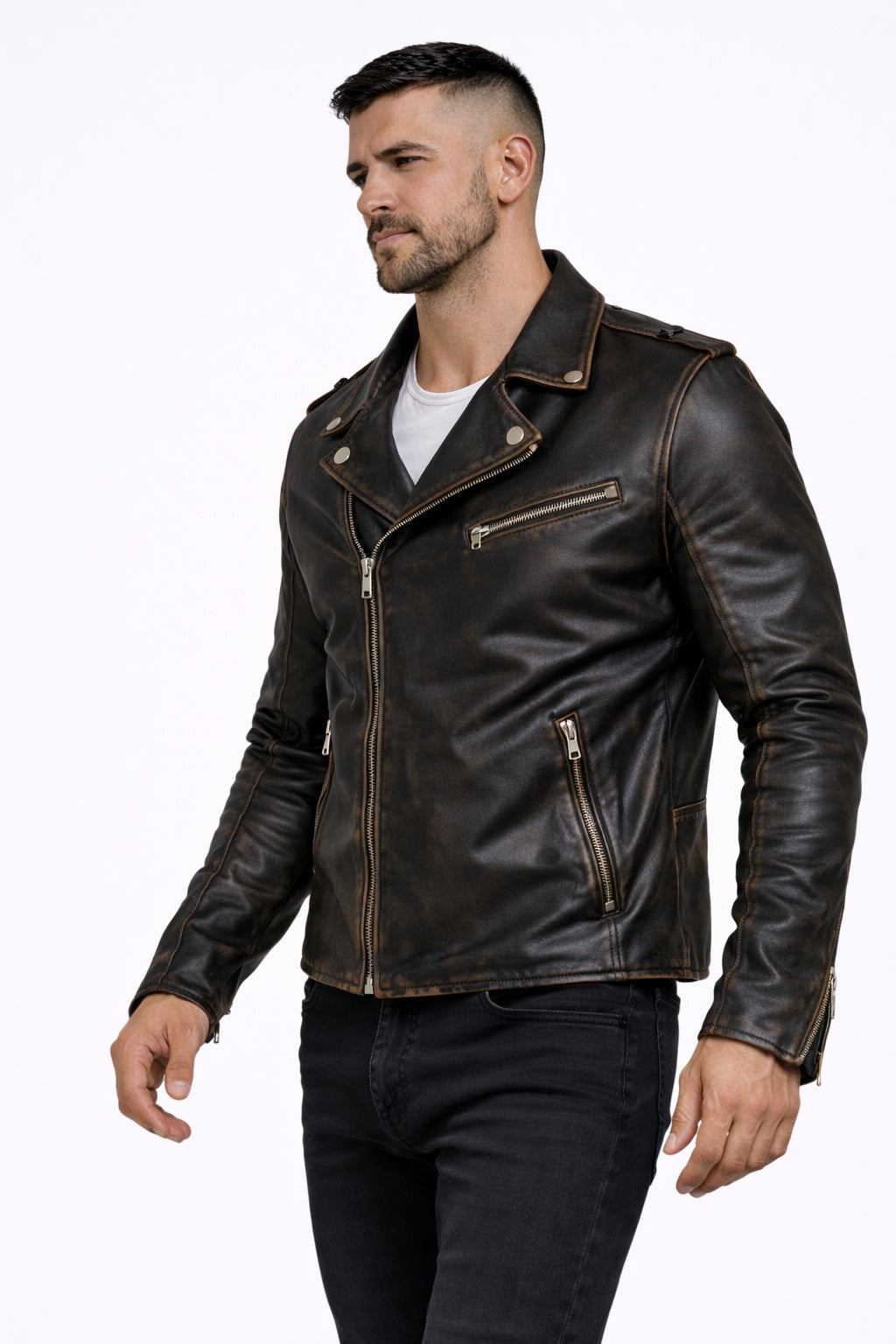 Men's PD-1  New Milano Vintage Biker Black Racer faded Golden Seams Leather Jacket Majestic Leather