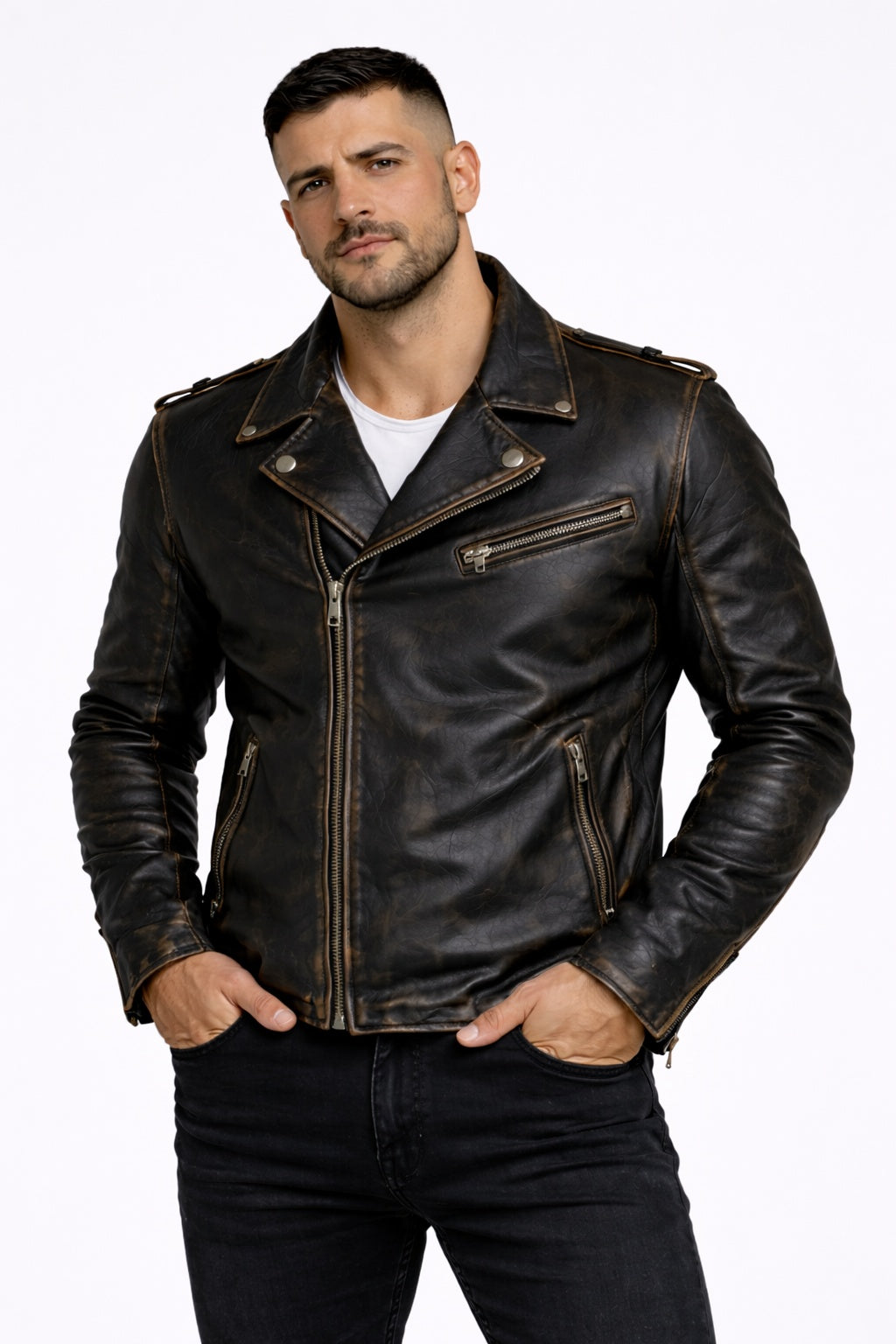 Men's PD-1  New Milano Vintage Biker Black Racer faded Golden Seams Leather Jacket Majestic Leather