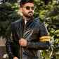 Yellow straps Distress Black Real Leather Jacket | Majestic Leather — interior lining | Majestic Leather UK