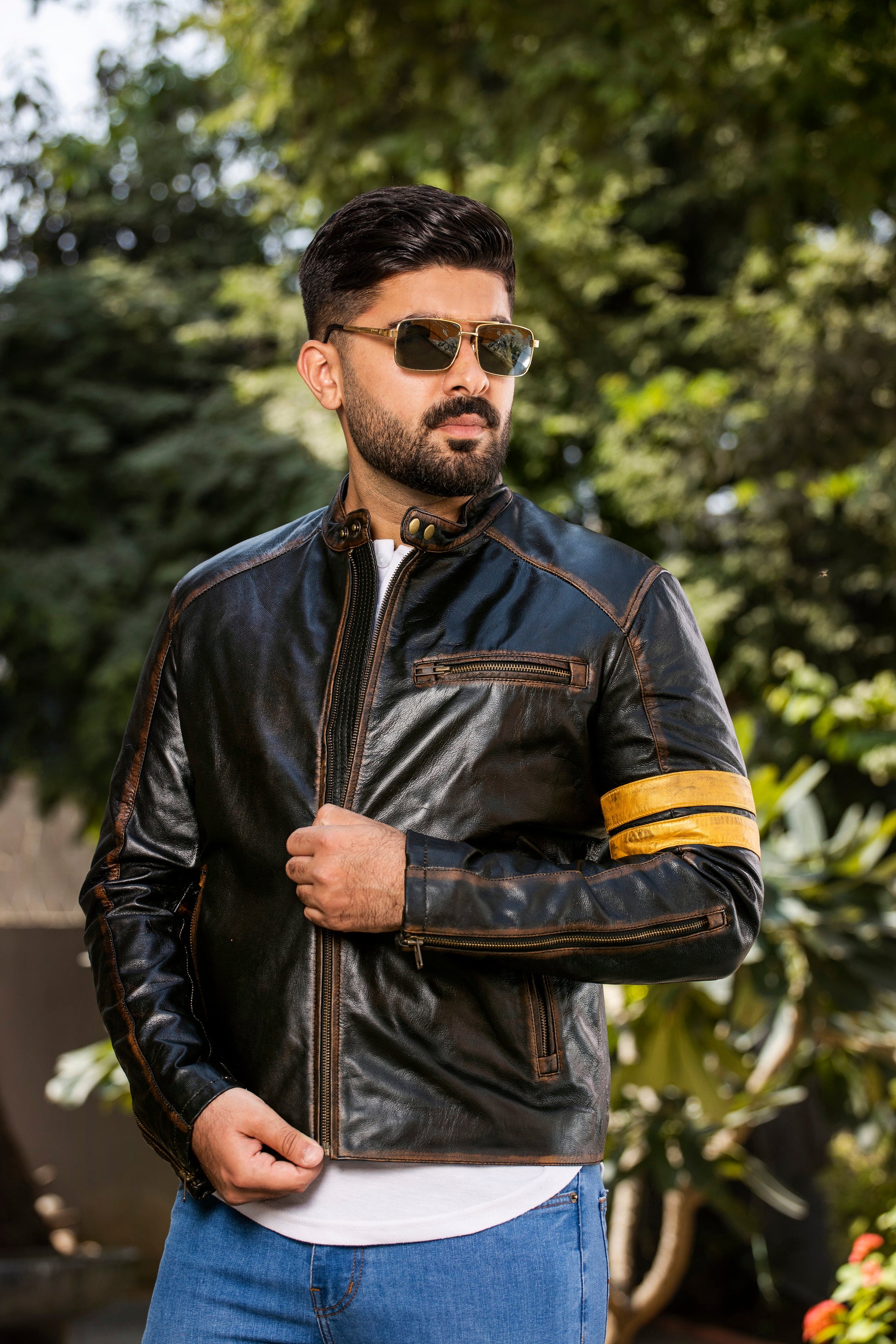 Yellow straps Distress Black Real Leather Jacket | Majestic Leather — interior lining | Majestic Leather UK