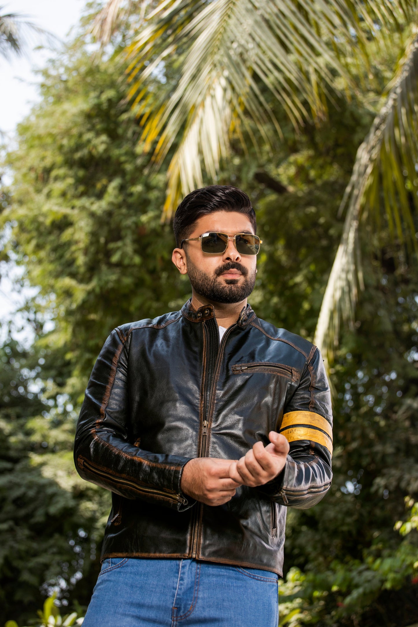 Yellow straps Distress Black Real Leather Jacket | Majestic Leather — sleeve detail | Majestic Leather UK