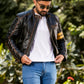 Yellow straps Distress Black Real Leather Jacket | Majestic Leather — product detail | Majestic Leather UK