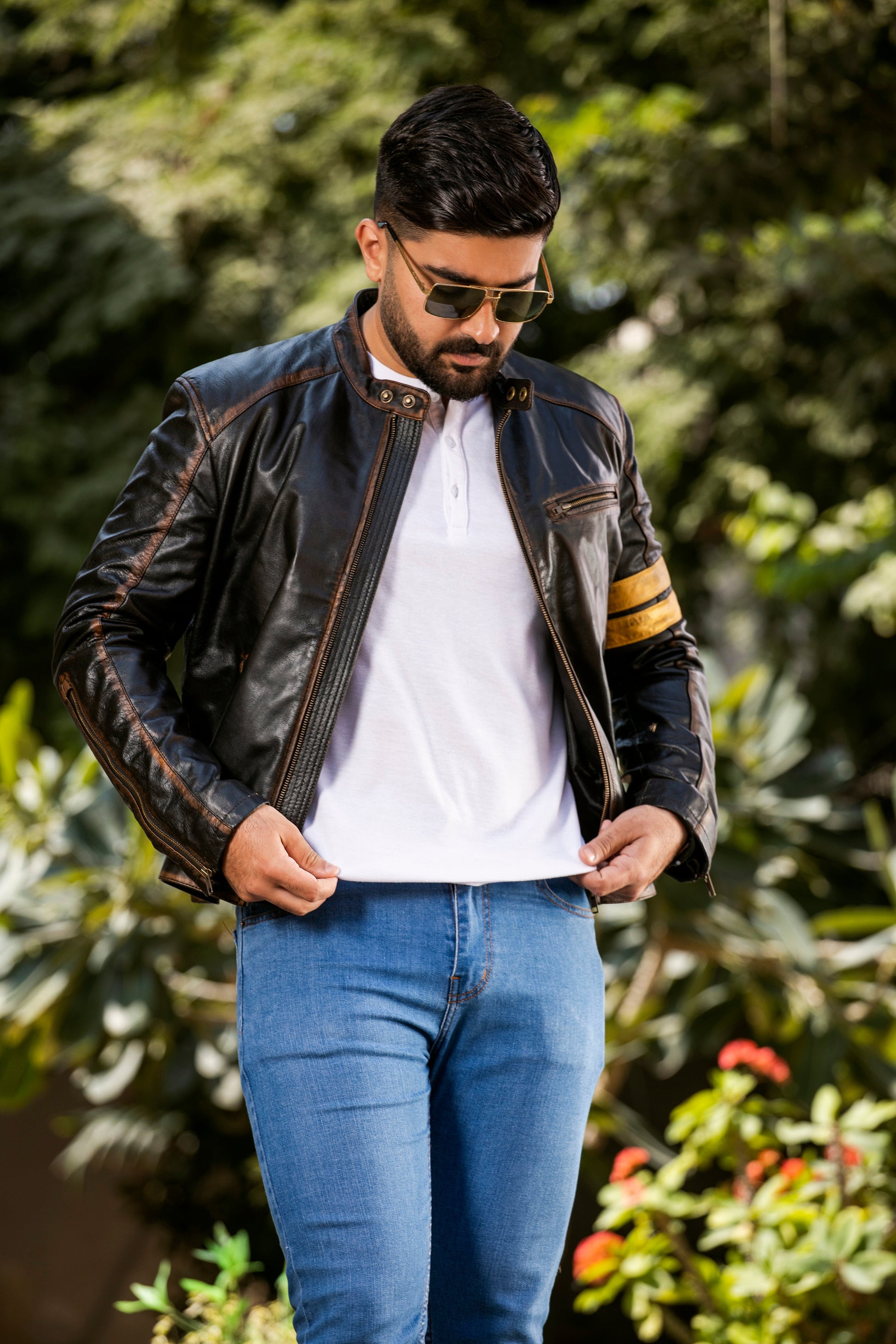 Yellow straps Distress Black Real Leather Jacket | Majestic Leather — product detail | Majestic Leather UK