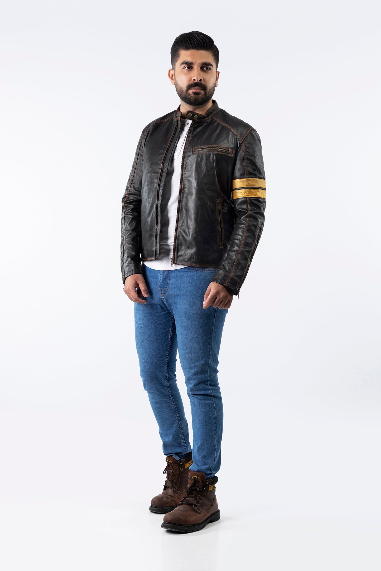 Yellow straps Distress Black Real Leather Jacket | Majestic Leather — collar detail | Majestic Leather UK