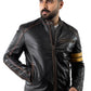 Yellow straps Distress Black Real Leather Jacket | Majestic Leather — side profile | Majestic Leather UK