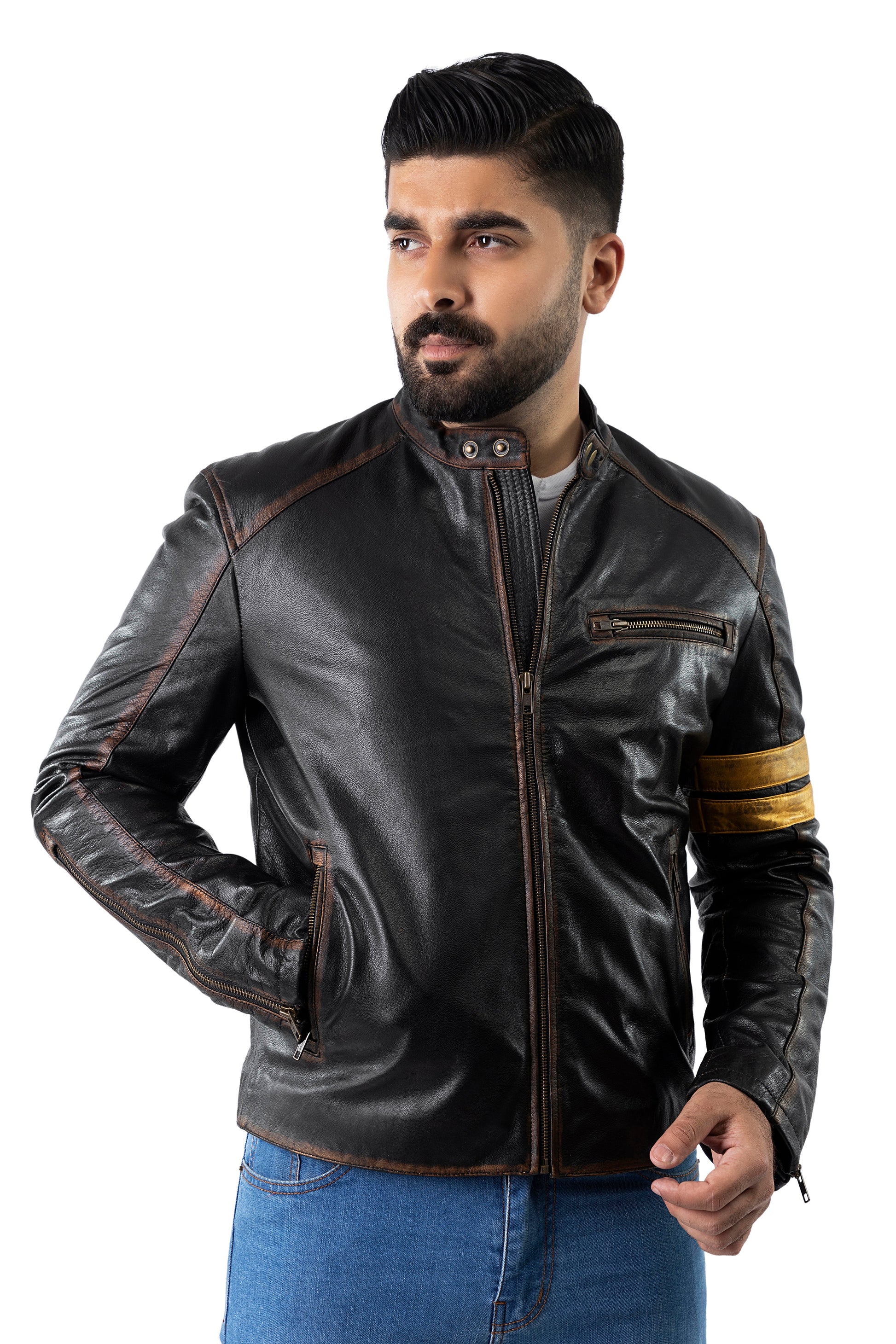 Yellow straps Distress Black Real Leather Jacket | Majestic Leather — side profile | Majestic Leather UK
