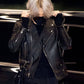 Women Biker - BTS Jimin Black Leather Jacket — collar detail | Majestic Leather UK
