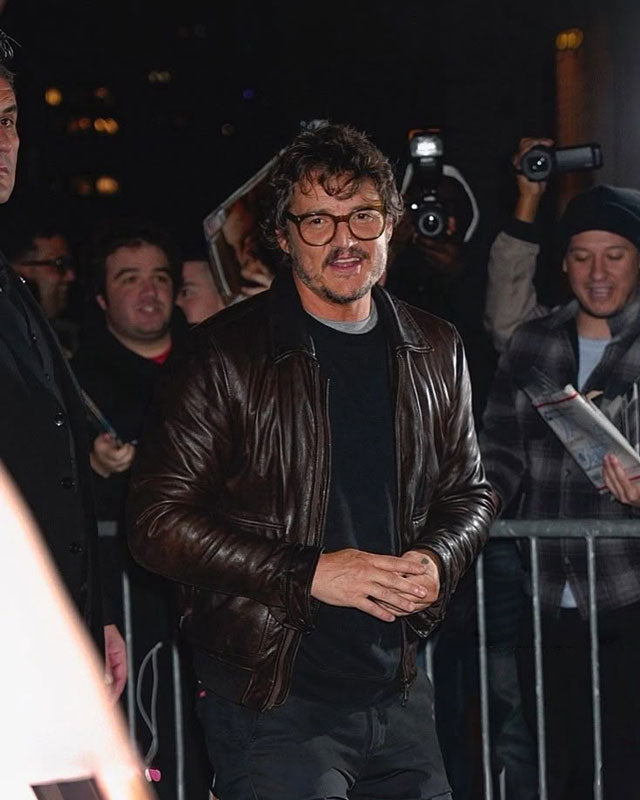 Pedro Pascal Dark Brown Leather Jacket | Majestic Leather — collar detail | Majestic Leather UK