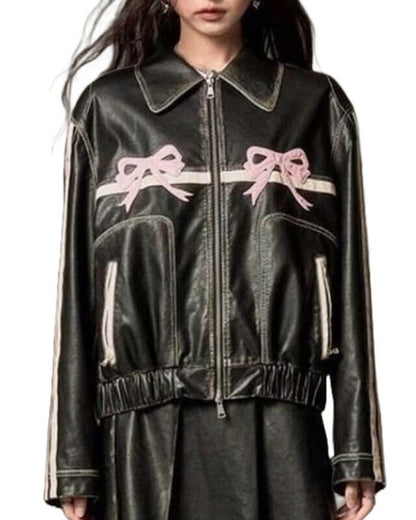 Pink Bow Black Leather Jacket — back view | Majestic Leather UK