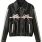 Women Biker - Pink Bow Black Leather Jacket — collar detail | Majestic Leather UK