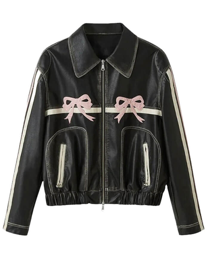 Women Biker - Pink Bow Black Leather Jacket — collar detail | Majestic Leather UK