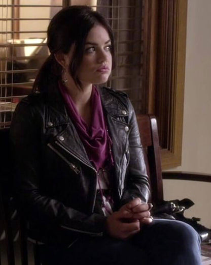 Pretty Little Liars Aria Montgomery Celebrity Black Bik — back view | Majestic Leather UK