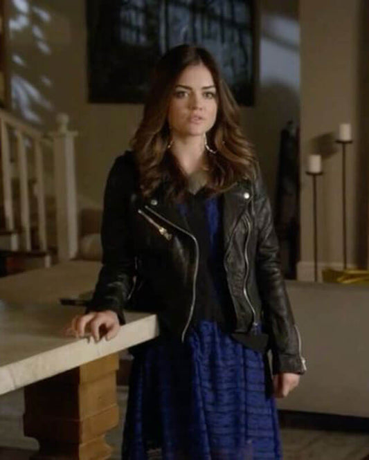 Women Biker - Pretty Little Liars Aria Montgomery Black Biker Leather Jacket — front view | Majestic Leather UK
