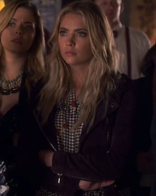 Women Biker - Pretty Little Liars Hanna Marin Suede Biker Jacket — front view | Majestic Leather UK