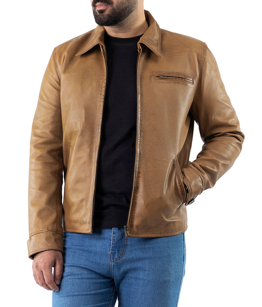 RLP Biker Baige Brown Leather Jacket | Majestic Leather — front view | Majestic Leather UK