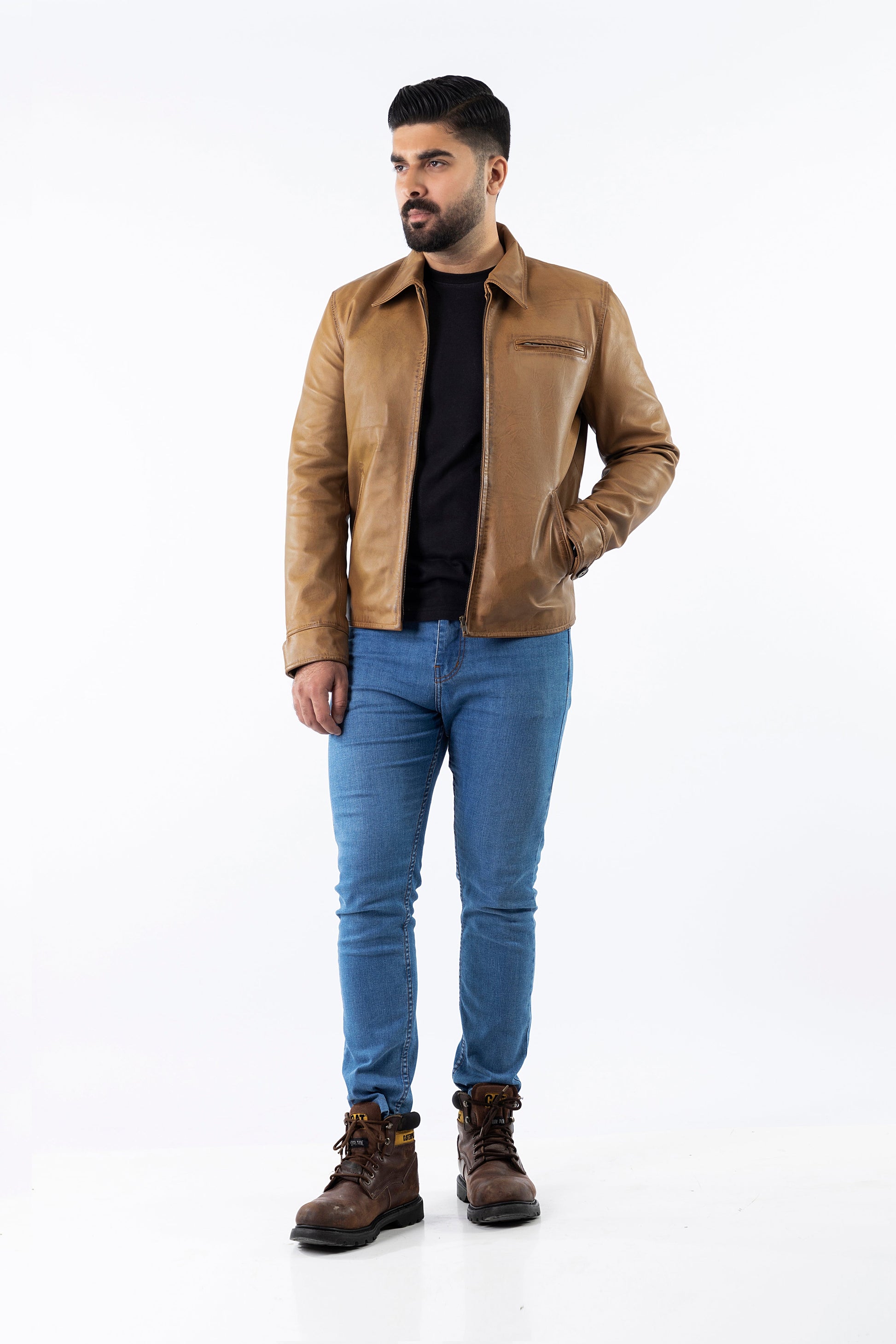 RLP Biker Baige Brown Leather Jacket | Majestic Leather — side profile | Majestic Leather UK