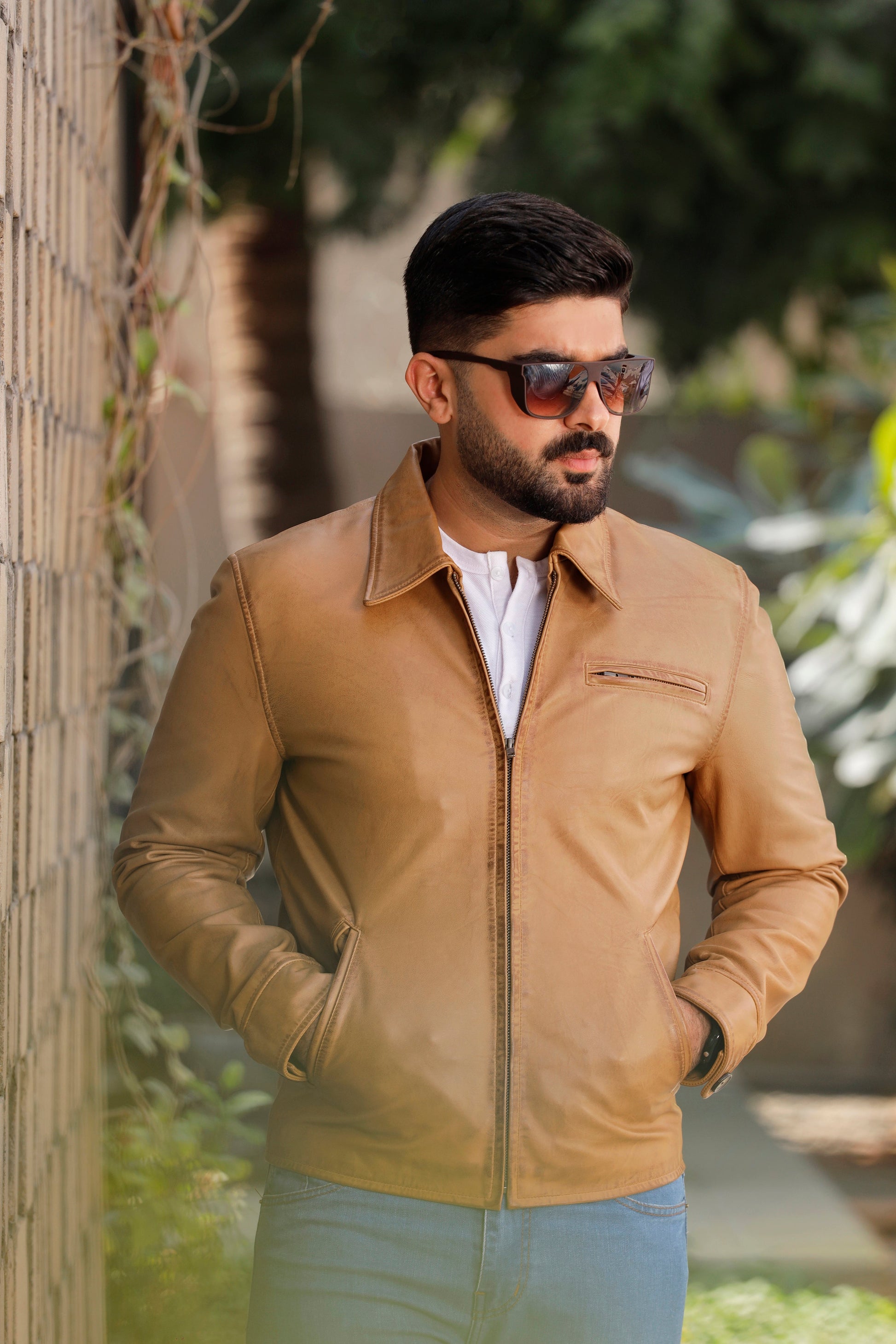 RLP Biker Baige Brown Leather Jacket | Majestic Leather — sleeve detail | Majestic Leather UK