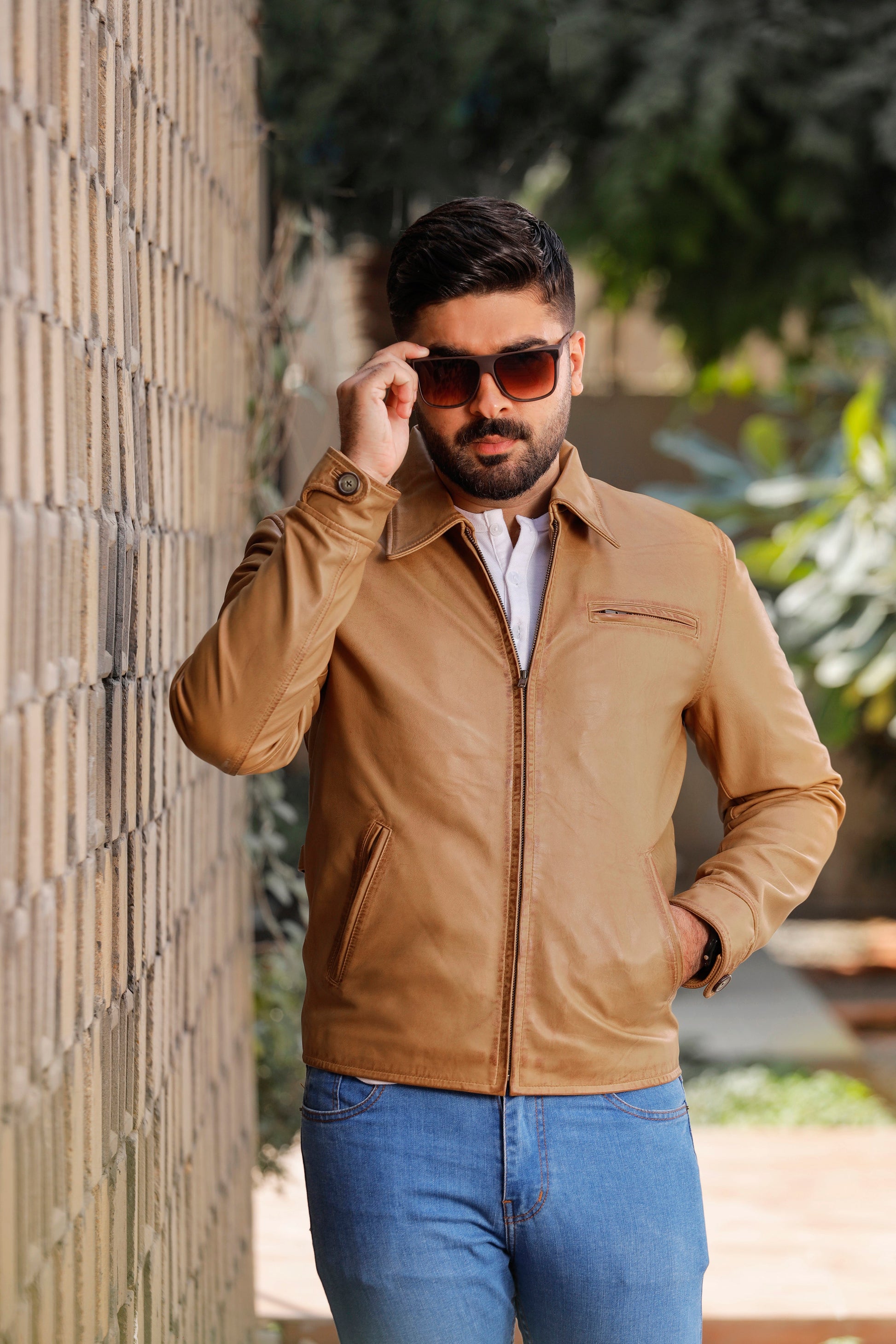 RLP Biker Baige Brown Leather Jacket | Majestic Leather — back view | Majestic Leather UK