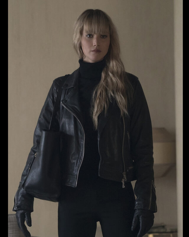 Women Biker - Red Sparrow Jennifer Lawrence Black Leather Jacket — front view | Majestic Leather UK