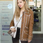 Women Biker - Blackpink Rose Brown Shearling Leather Jacket Women — side profile | Majestic Leather UK