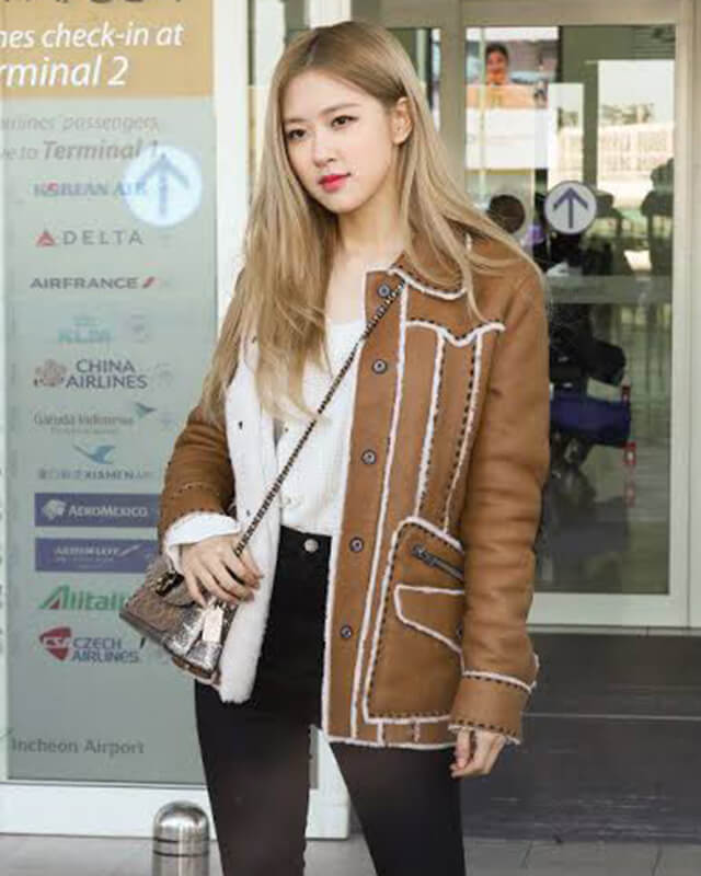 Women Biker - Blackpink Rose Brown Shearling Leather Jacket Women — side profile | Majestic Leather UK