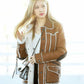 Women Biker - Blackpink Rose Brown Shearling Leather Jacket Women — collar detail | Majestic Leather UK