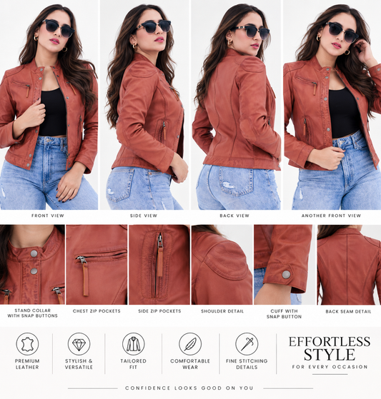 Women's Rust Brown Distressed Moto Style Zip-Up Leather Biker Jacket| Majestic Leather Majestic Leather